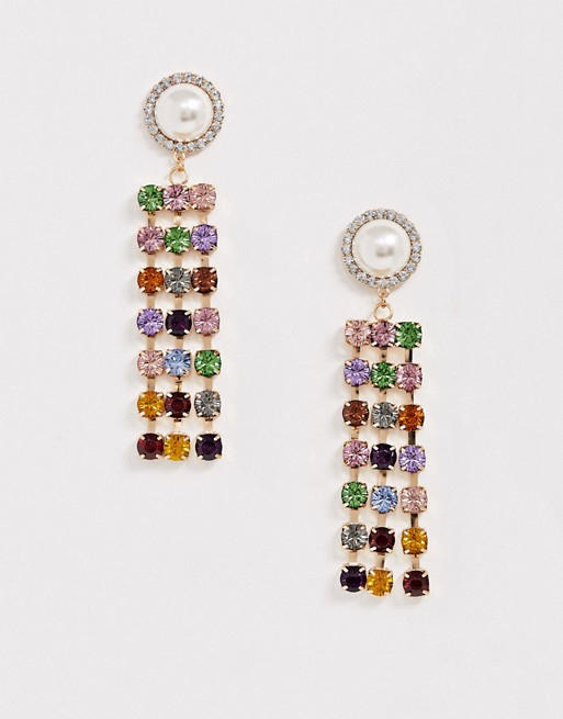 ASOS DESIGN earrings with pearl stud and rainbow crystal strands in gold tone