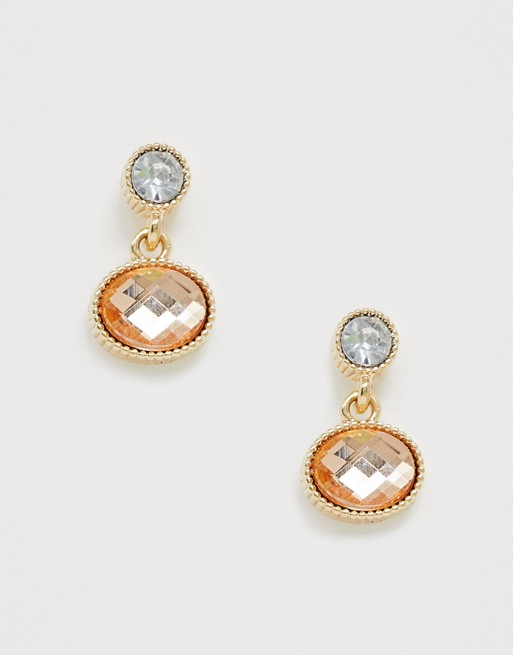 ASOS DESIGN earrings with pink crystal drop in gold tone