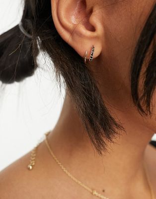ASOS DESIGN earrings with pull through hoop design in gold tone with black crystal