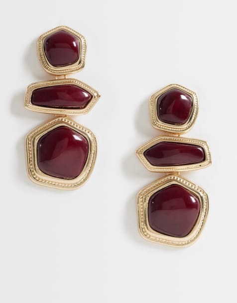 ASOS DESIGN earrings with triple drop resin stone set in burgundy - view 1