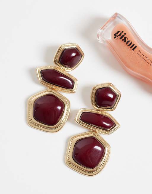 ASOS DESIGN earrings with triple drop resin stone set in burgundy, 4 of 4