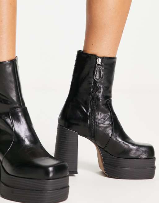 ASOS DESIGN Wide Fit Evelyn high-heeled platform boots in black patent