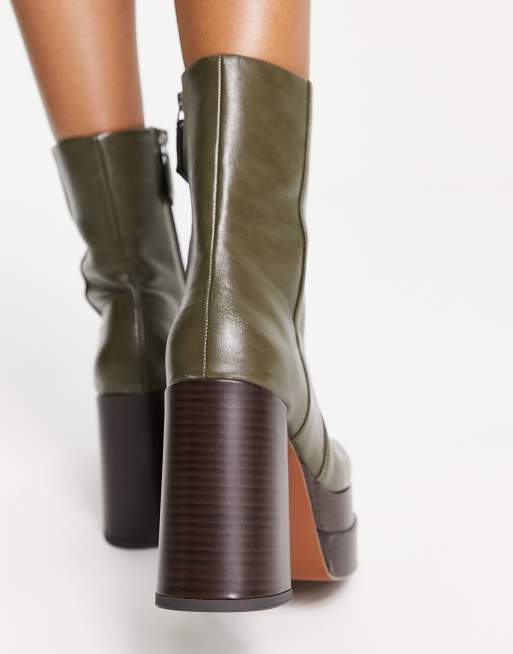 ASOS DESIGN East high heeled platform boots in khaki