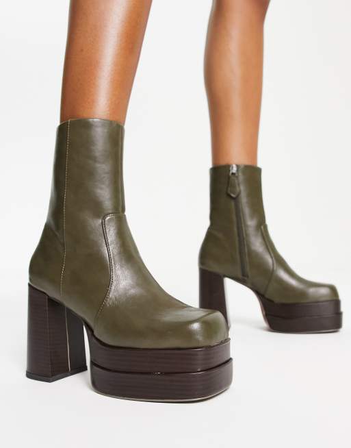 ASOS DESIGN East high-heeled platform boots in khaki | ASOS