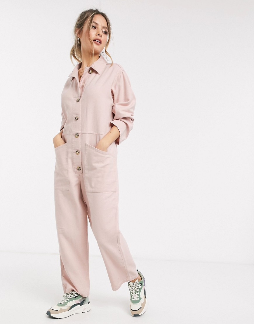 ASOS DESIGN easy button-front coveralls with pockets in blush-Pink
