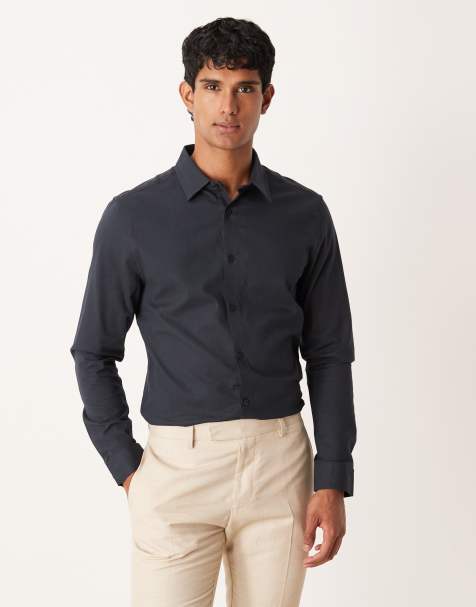 ASOS DESIGN easy iron royal oxford slim shirt in black - view 1