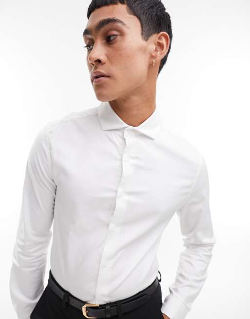 ASOS DESIGN easy iron skinny fit twill shirt with cutaway collar in white 