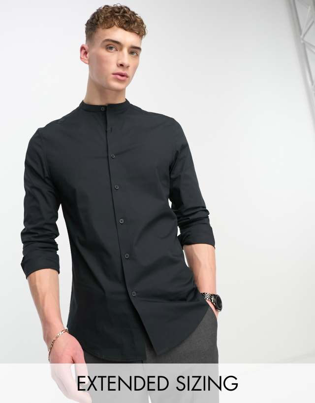 ASOS DESIGN easy iron slim fit poplin shirt with grandpa collar in black