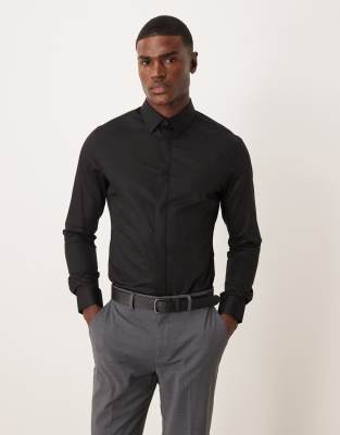 ASOS DESIGN easy iron slim fit sateen shirt in black