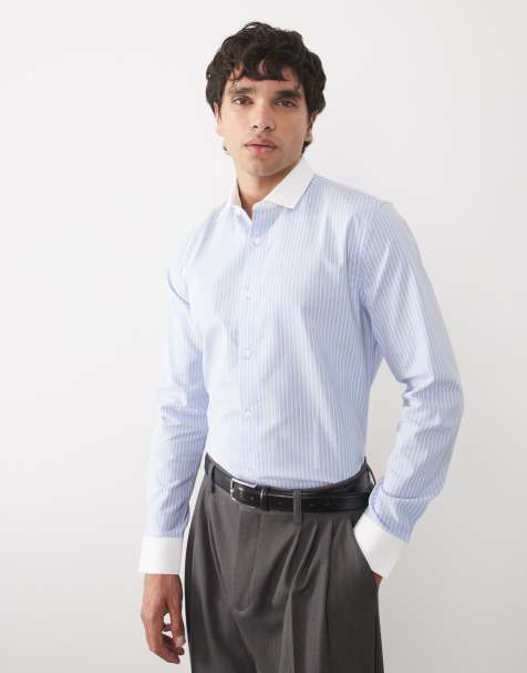 ASOS DESIGN easy-iron slim poplin striped shirt with contrast collar in blue - view 1