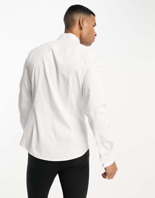 ASOS DESIGN easy iron slim sateen formal dress shirt with bib in white