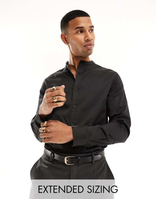 Slim Long-Sleeve Herringbone Shirt - Black, Shirts