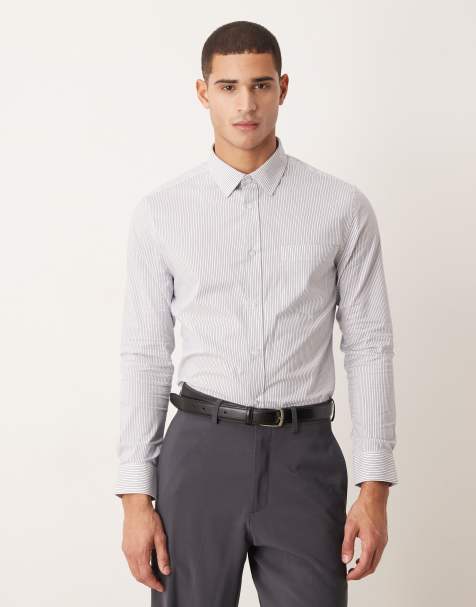 ASOS DESIGN easy iron smart slim shirt in navy stripe - view 1