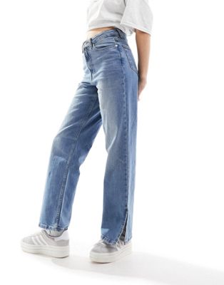 ASOS DESIGN easy straight jean in blue with split hem - ASOS Price Checker