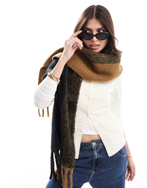 ASOS DESIGN - Écharpe duveteuse bicolore à franges - Camel et noir - view 1