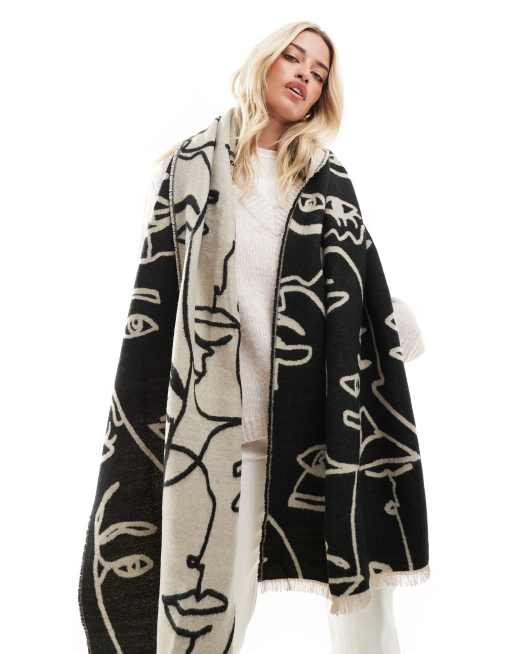 ASOS DESIGN - Écharpe tissée en jacquard à motif visage abstrait - Taupe et noir, 2 de 4
