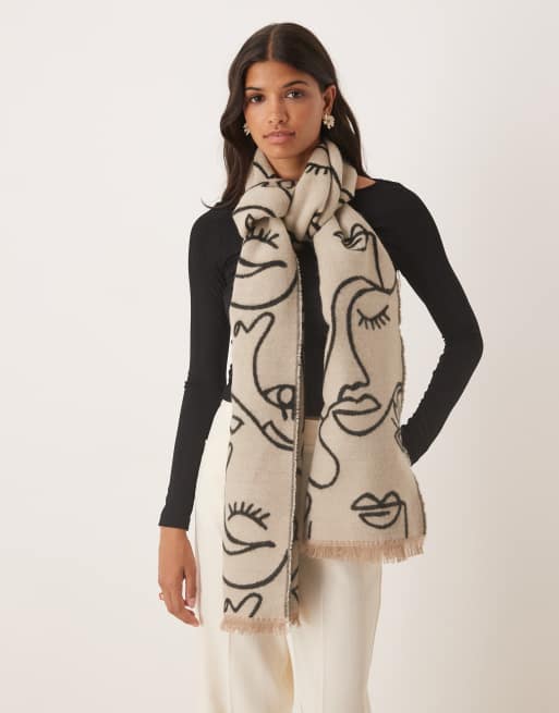 ASOS DESIGN - Écharpe tissée en jacquard à motif visage abstrait - Taupe et noir, 2 de 3