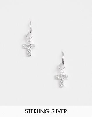 ASOS DESIGN - Echt zilveren oorringen met kleine kruishanger met kristallen