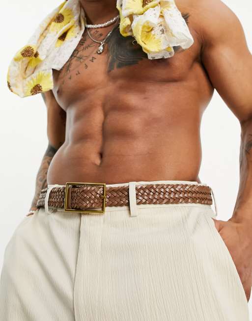 ASOS DESIGN – Echtledergürtel in Braun mit Flechtoptik und Schnalle in Goldoptik