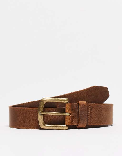 ASOS DESIGN – Echtledergürtel in Vintage-Braun mit Schnalle in brüniertem Gold