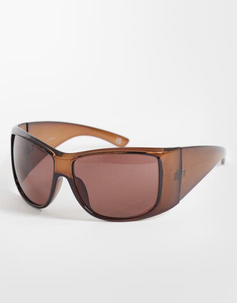 ASOS DESIGN – Eckige Oversized-Sonnenbrille in Kristallbraun mit Wrap-around-Gestell - view 1