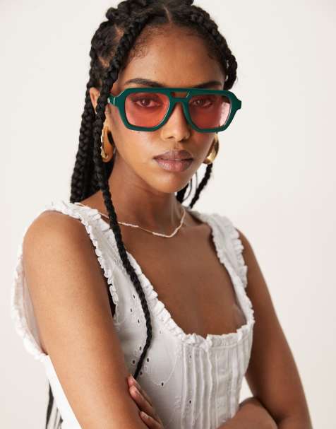 ASOS DESIGN – Eckige Pilotenbrille in dunklem Petrol mit rosafarbenen Gläsern - view 1