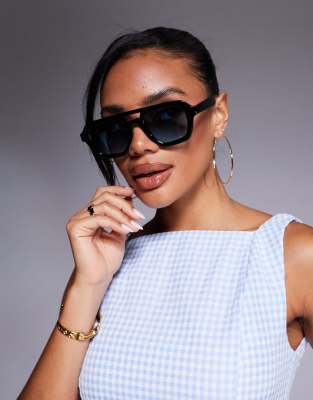 ASOS DESIGN - Eckige Pilotensonnenbrille in Schwarz