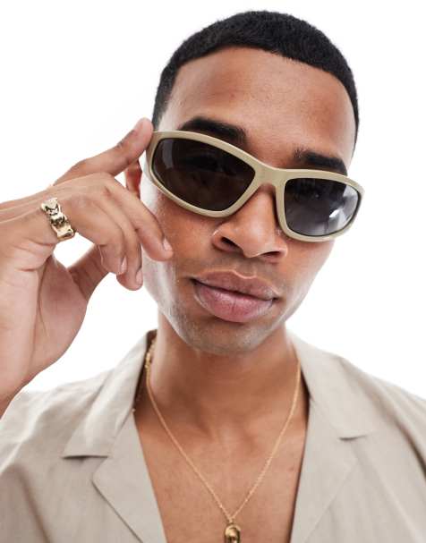 ASOS DESIGN – Eckige Racer-Sonnenbrille in neutraler Farbe mit rauchgrau getönten Gläsern - view 1