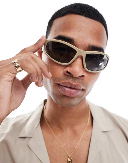 ASOS DESIGN – Eckige Racer-Sonnenbrille in neutraler Farbe mit rauchgrau getönten Gläsern