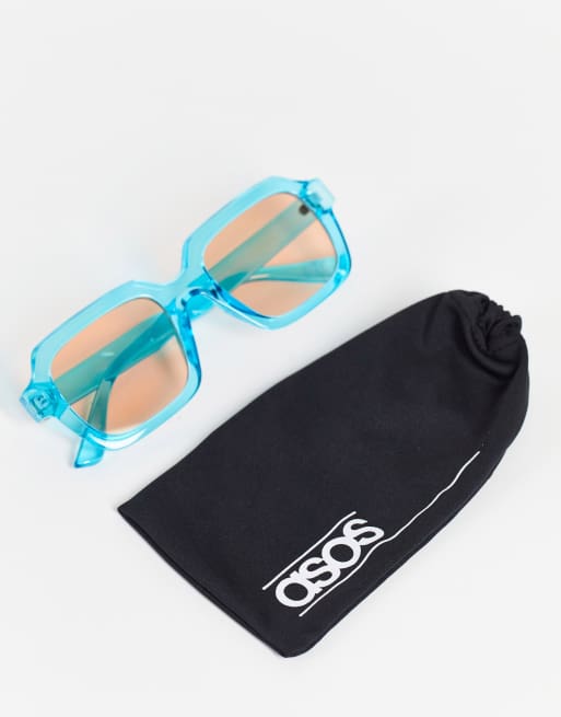 ASOS DESIGN – Eckige Sonnenbrille in Kristallblau mit orangenen Gläsern - MBLUE, 4 von 4