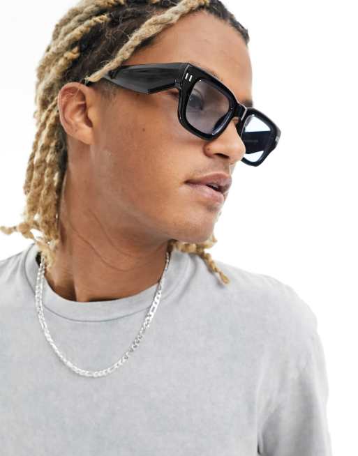 ASOS DESIGN – Eckige Sonnenbrille in Schwarz mit blauen Gläsern
