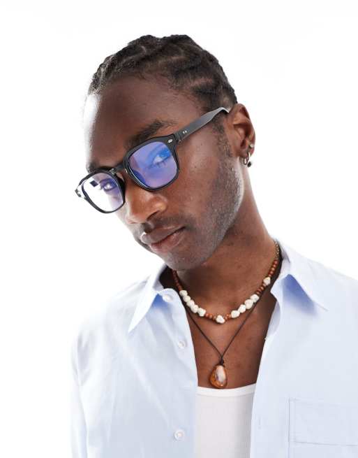 ASOS DESIGN – Eckige Sonnenbrille in Schwarz mit Blaulichtfilter-Gläsern