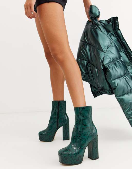 ASOS DESIGN leather ankle boots in green snake |