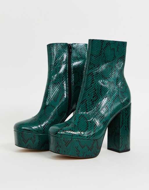 ASOS DESIGN leather ankle boots in green snake |