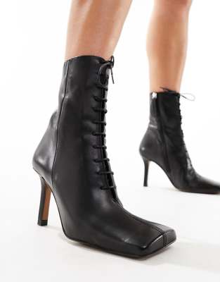 ASOS DESIGN Eclipse premium leather square toe lace up boots in black ...