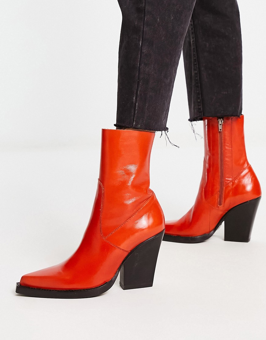 Asos Design Eclipse Premium Leather Western Sock Boots In Orange