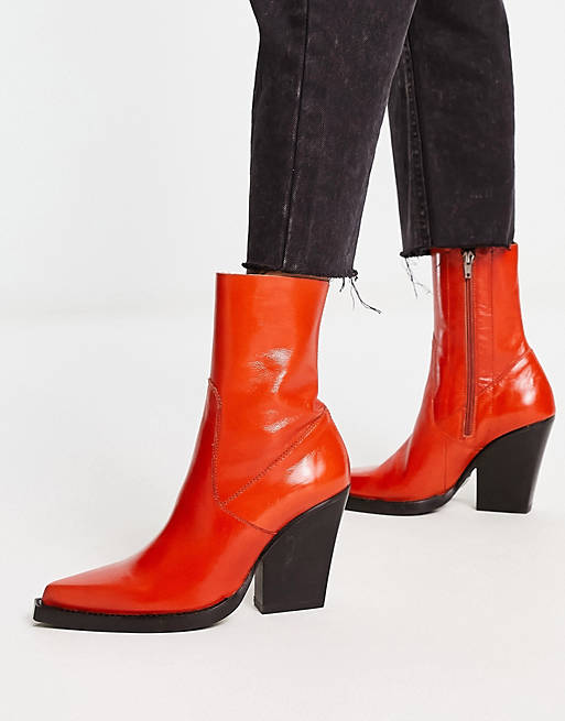 ASOS DESIGN Eclipse premium leather western sock boots in orange | ASOS