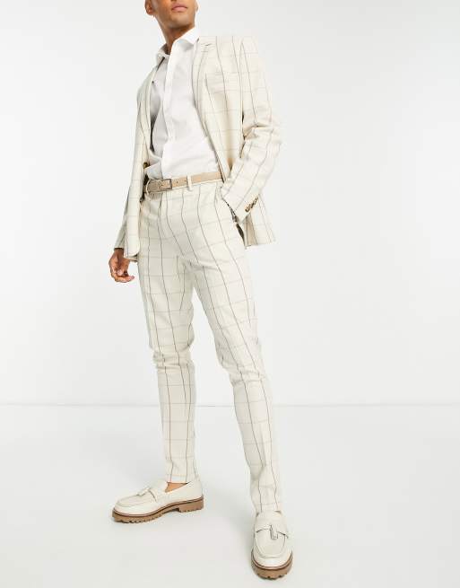 ASOS DESIGN - Ecru og brune skinny habitbukser i hørblanding med gittertern , 2 af 4