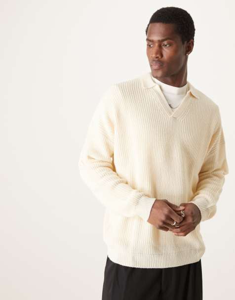 ASOS DESIGN - Ecru ribstrikket trøje med oversized pasform og hakudskæring i halsen - view 1