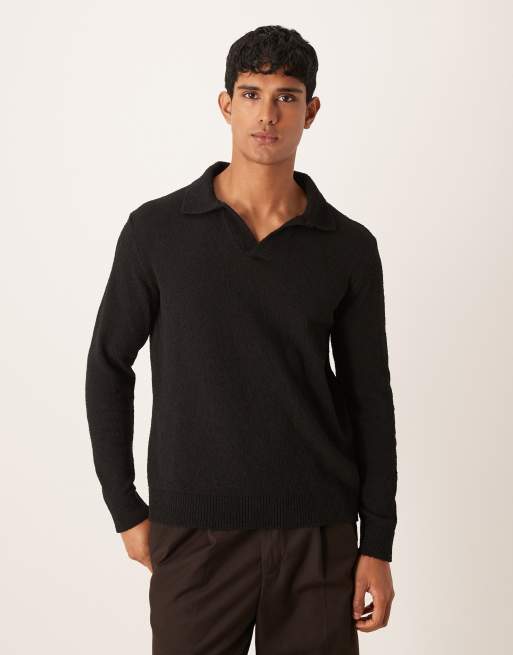 ASOS DESIGN - Ecru strikket polo med lange ærmer og hakudskæring i halsen i afslappet pasform