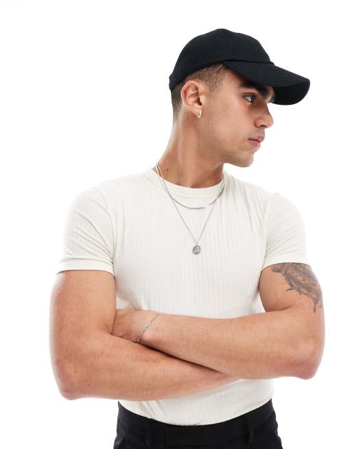 ASOS DESIGN - Ecru tætsiddende ribstrikket T-shirt