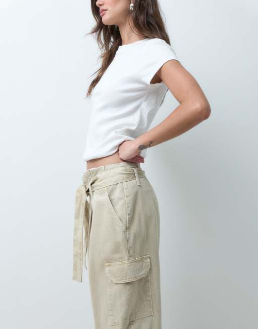 ASOS DESIGN - Ecrufarvede bukser med paperbag-talje og tapered fit, 3 af 5