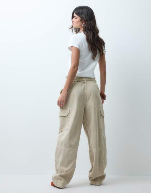 ASOS DESIGN - Ecrufarvede bukser med paperbag-talje og tapered fit, 4 af 5