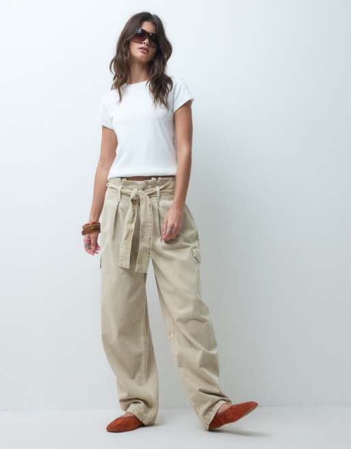 ASOS DESIGN - Ecrufarvede bukser med paperbag-talje og tapered fit, 5 af 5