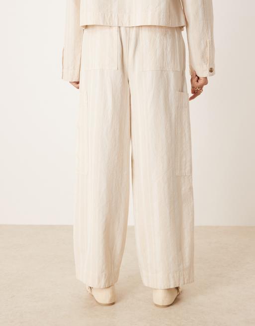 ASOS DESIGN - Ecrufarvede bukser med tøndeformede ben, utility-lommer og striber i bomuld - Del af sæt, 4 af 5