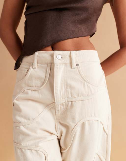 ASOS DESIGN - Ecrufarvede jeans med høj talje og tøndeformede ben i hvirvelmønster, 5 af 5