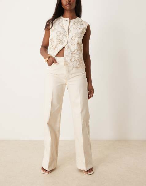 ASOS DESIGN - Ecrufarvede jeans med vide ben og pressefolder foran - view 1