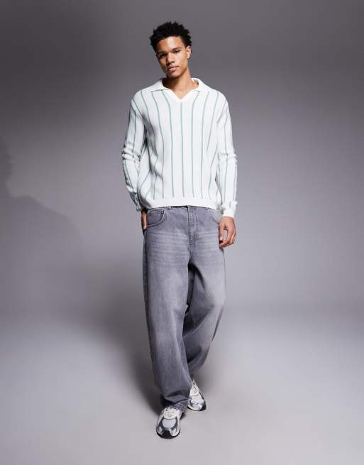 ASOS DESIGN - Ecrufarvet afslappet polotrøje i strik med striber og halshak, 2 af 5
