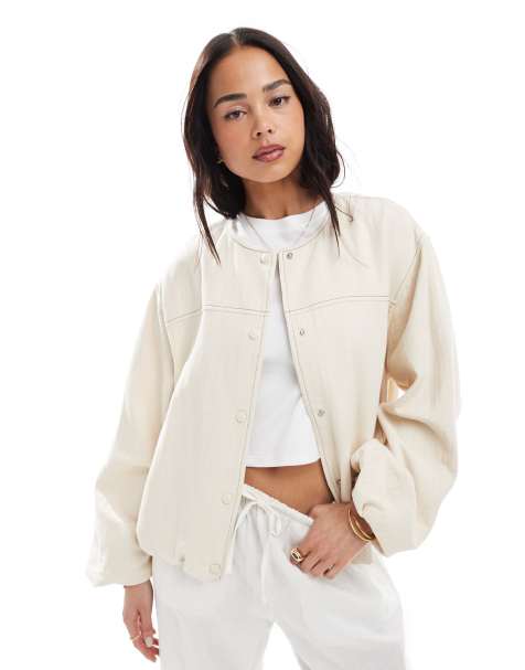 ASOS DESIGN - Ecrufarvet bomber-jakke i tekstureret bomuld uden krave - view 1
