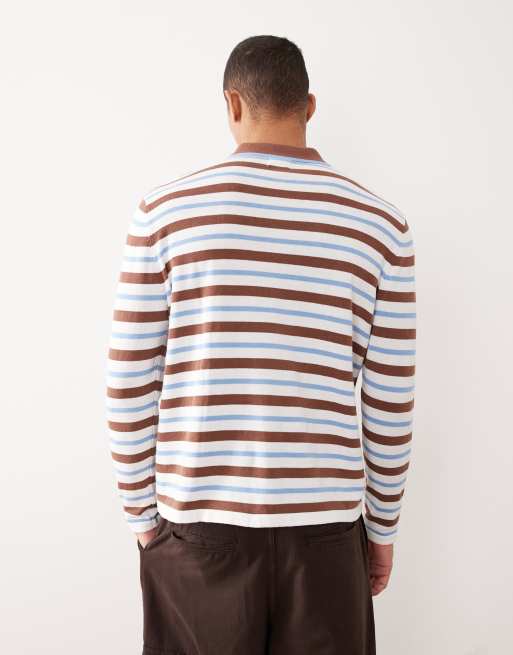 ASOS DESIGN - Ecrufarvet/brun/blå striber, afslappet og strikket polotrøje, 3 af 5